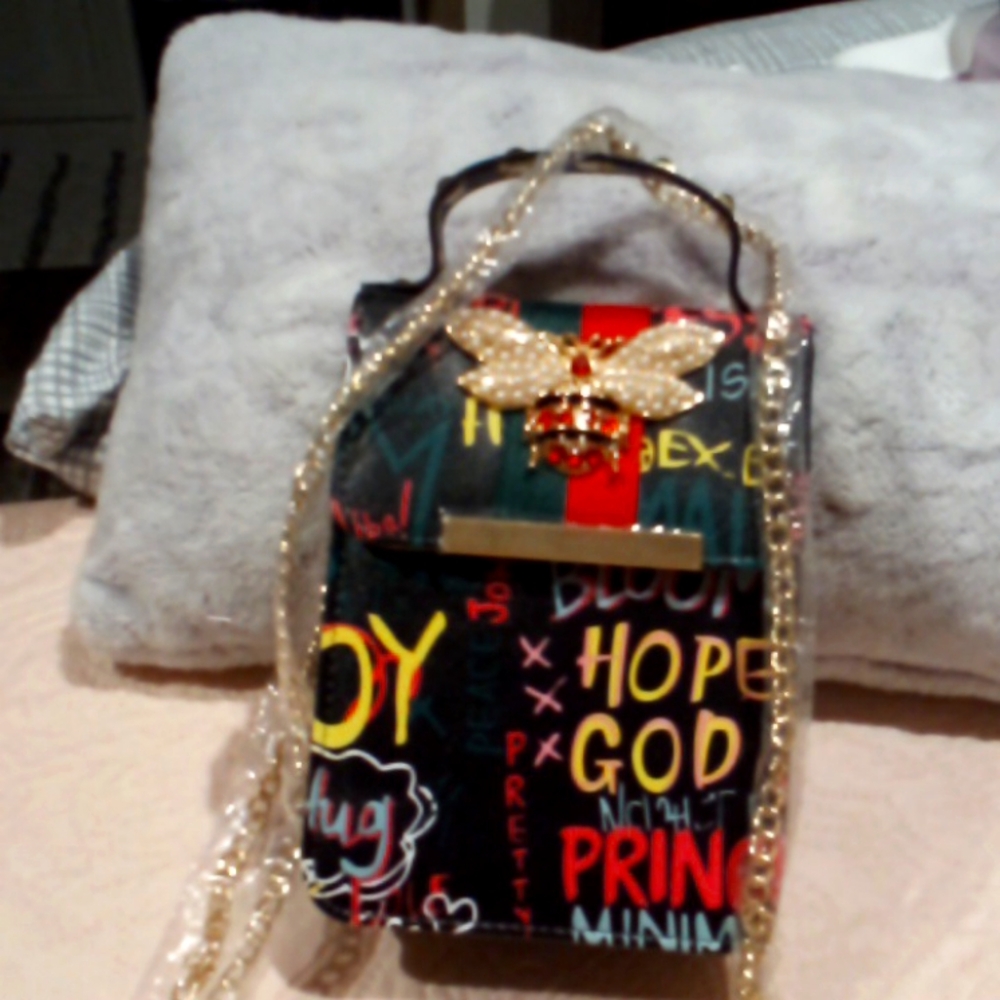 Small shoulder purse, black and multi colorful